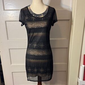Vintage Black Patterned mesh overlay mini Dress 90’s.
